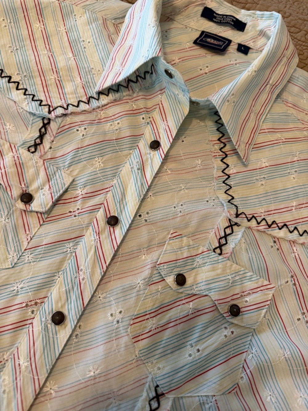 Cruel Girl Western Style Embroidered Snap Shirt Pastel Stripe Eyelet Rodeo, Sz L - Picture 5 of 14